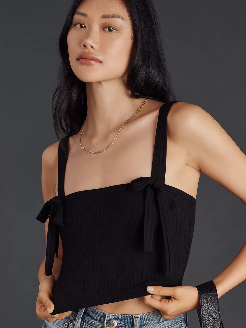 Anthropologie Black Ribbed Tie-Shoulder Tank